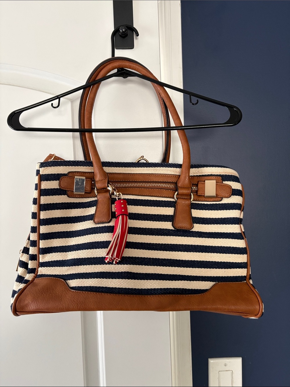 ALDO Striped Navy and Cream Tote Bag with Brown Leather Trim